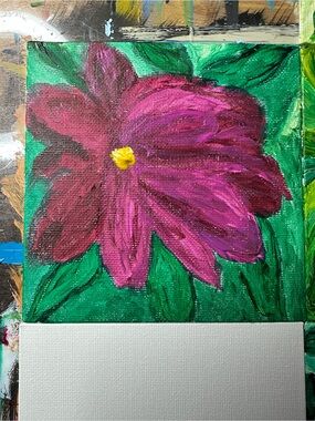 Hand-Painted Floral Canvas Art in Magenta and Green